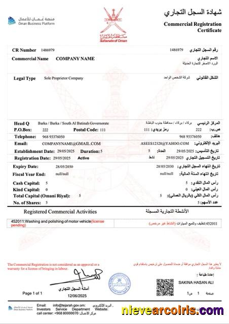 Realistic Oman Commercial Registration Certificate Word And PDF Template, Version 3