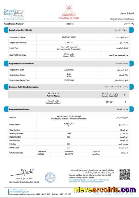 Realistic Oman Registration Certificate Word And PDF Template