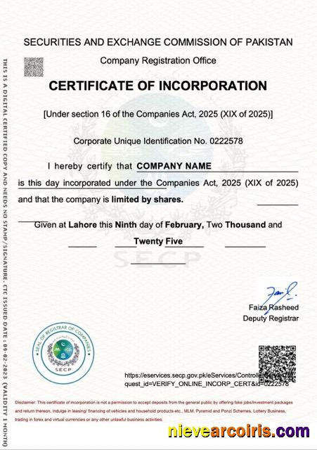 Premium Pakistan Certificate Of Incorporation Word And PDF Template