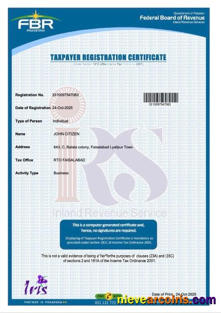Editable Pakistan Taxpayer Registration Certificate Word And PDF Template