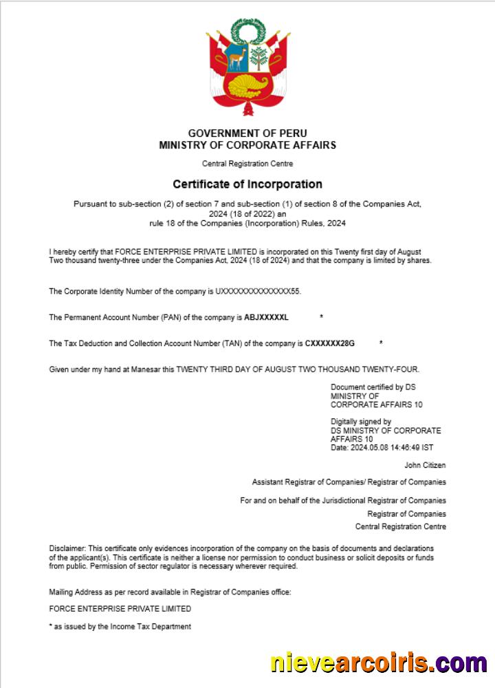Realistic Peru Business Registration Certificate Word And PDF Template