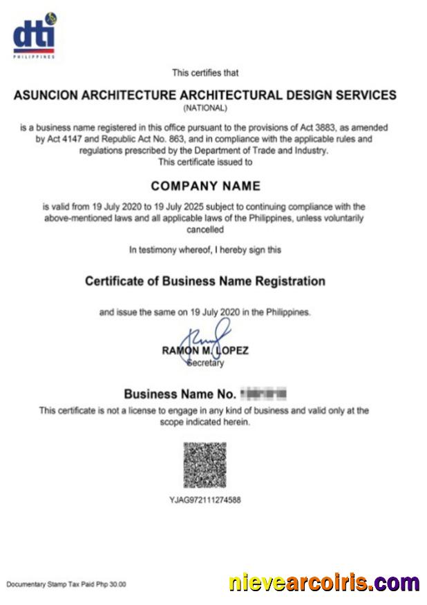 Philippines Certificate Of Business Name Registration Template