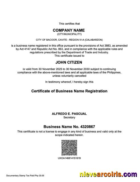 Professional Philippines Certificate Of Business Name Registration Word And PDF Template