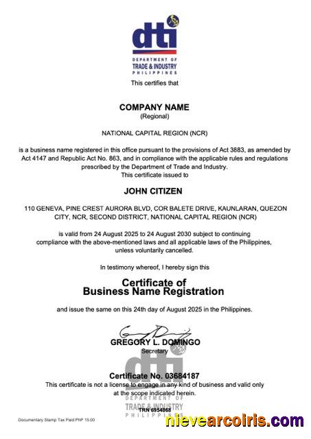 Philippines Certificate Of Business Name Registration Word And PDF Version 2 Template