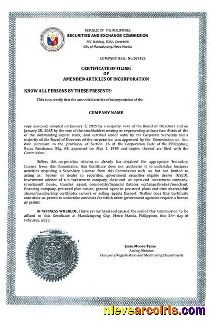 Professional Philippines Certificate Of Company Incorporation Word And PDF Template, Version 2