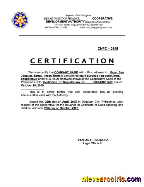 Editable Philippines Certificate Of Good Standing Word And PDF Template, Version 3