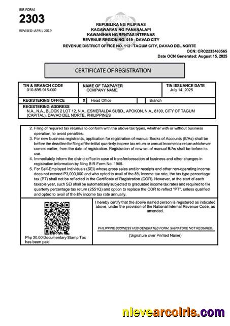 Editable Philippines Certificate Of Registration Word And PDF Template, Version 2