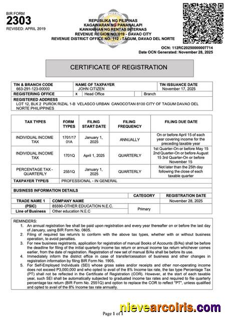 Realistic Philippines Certificate Of Registration Word And PDF Template, Version 3