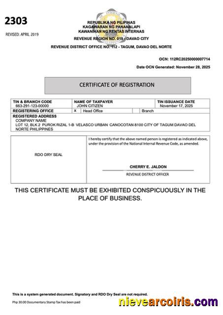 Professional Philippines Certificate Of Registration Word And PDF Template, Version 4