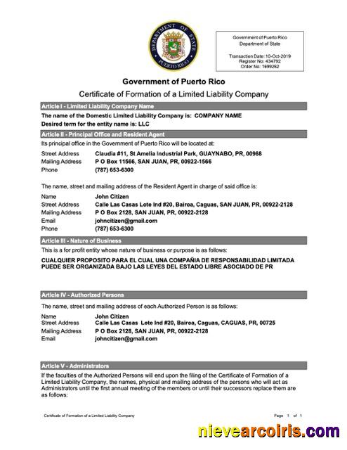 Premium Puerto Rico Certificate Of Formation Of A Limited Liability Company Word And PDF Template, Version 2
