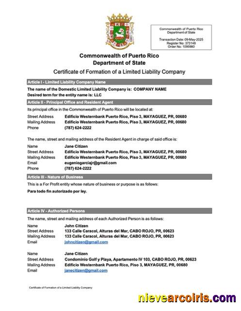 Editable Puerto Rico Certificate Of Formation Of A Limited Liability Company Word And PDF Template