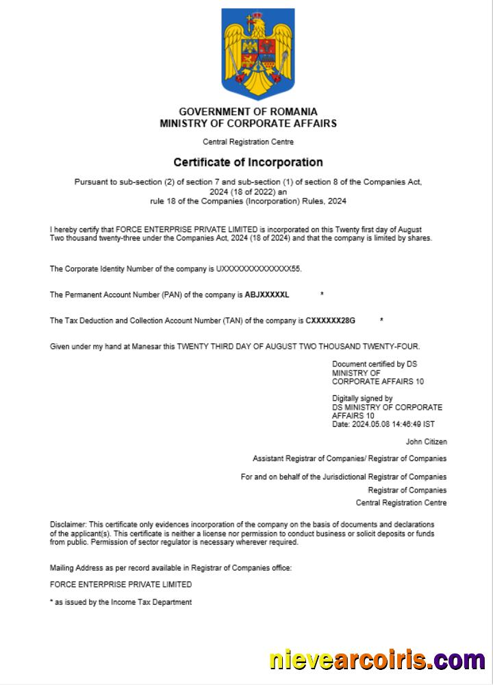 Realistic Romania Business Registration Certificate Word And PDF Template