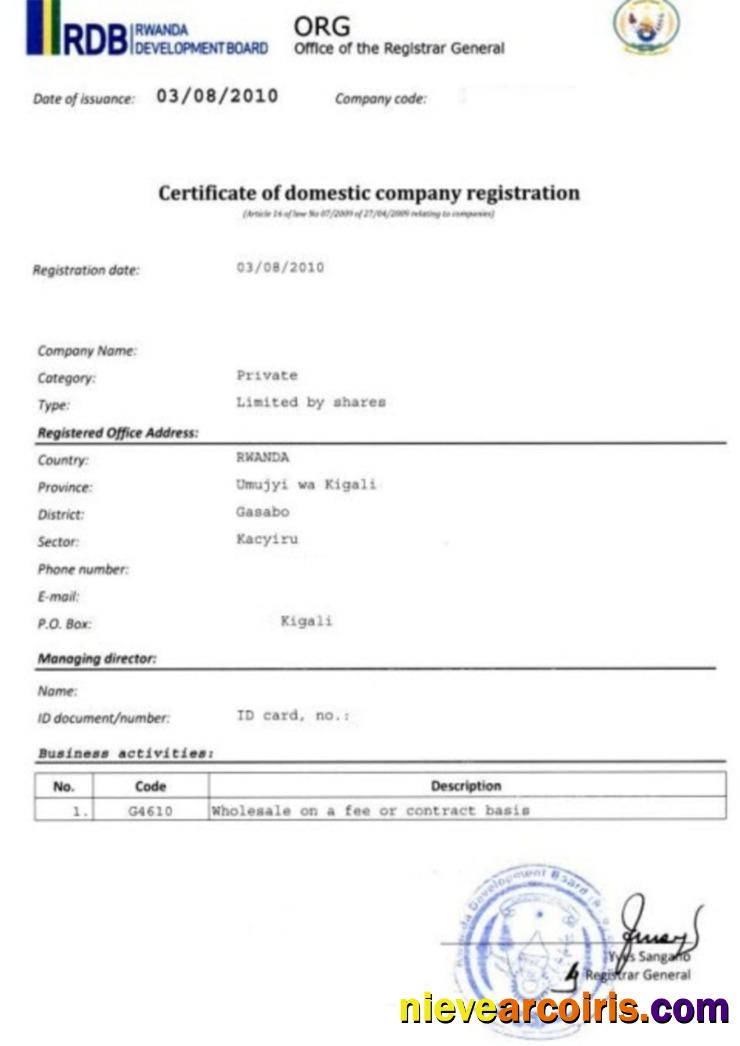 Rwanda Certificate Of Domestic Company Registration Template