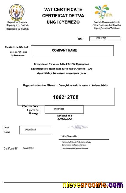 Professional Rwanda VAT Certificate Word And PDF Template