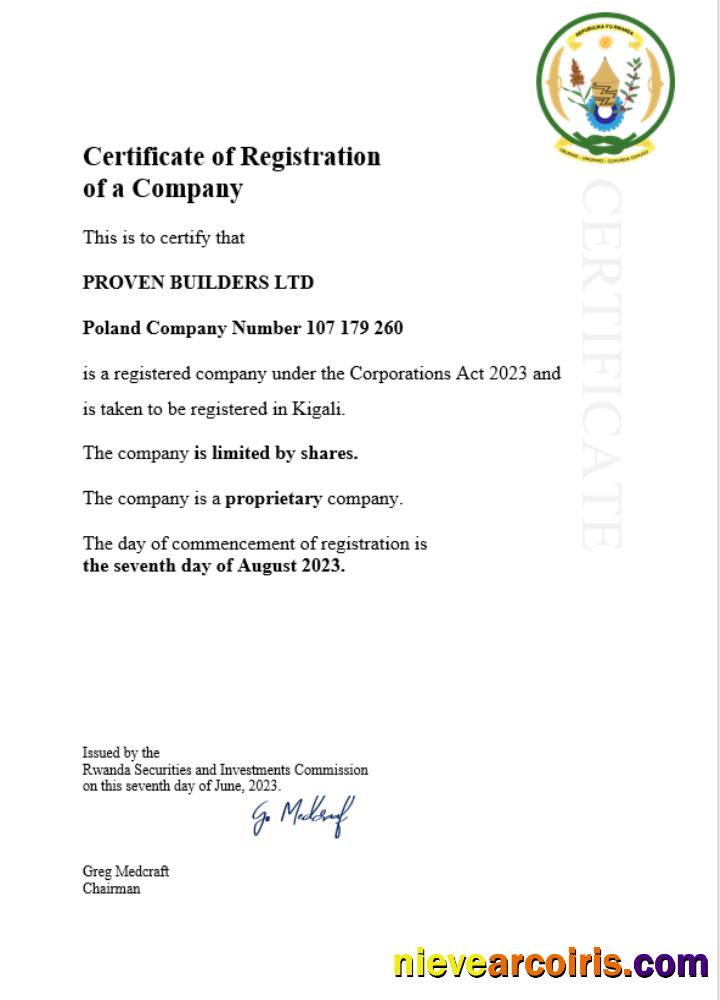 Editable Rwanda Business Registration Certificate Word And PDF Template