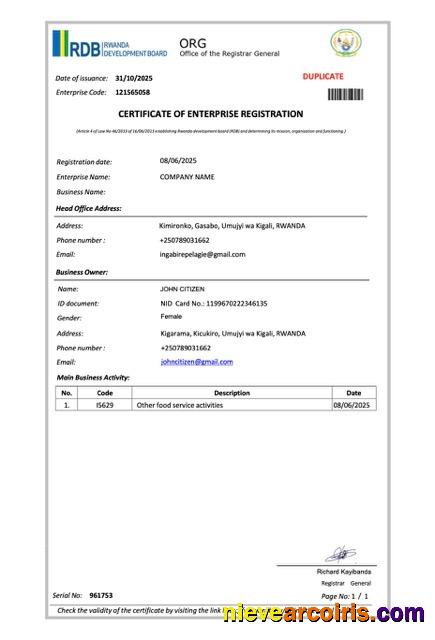 Premium Rwanda Certificate Of Enterprise Registration Word And PDF Template, Version 2