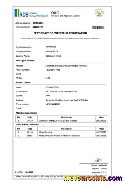 Premium Rwanda Certificate Of Enterprise Registration Word And PDF Template