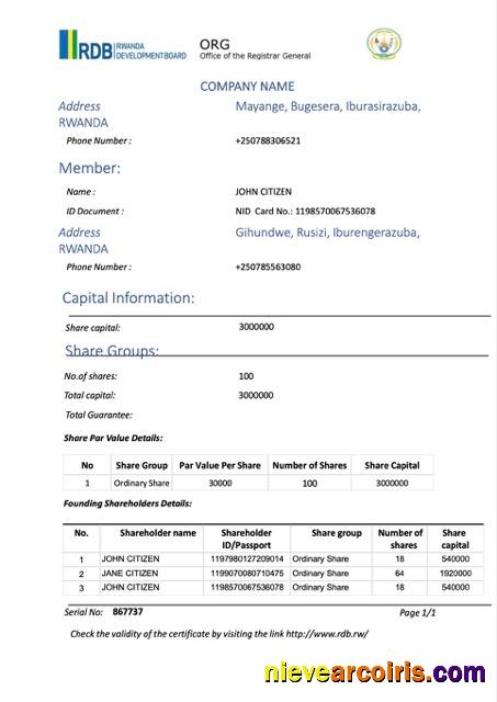 Editable Rwanda Certificate Of Registration Word And PDF Template