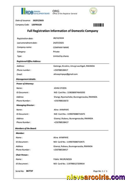 Premium Rwanda Full Registration Information Of Domestic Company Word And PDF Template