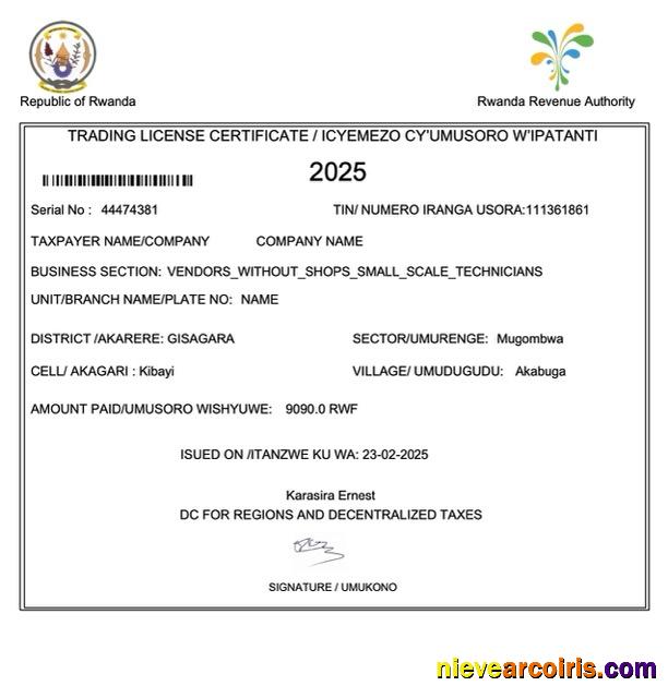 Premium Rwanda Trading License Certificate Word And PDF Template