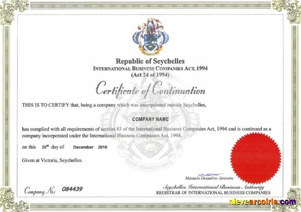 Seychelles Certificate Of Continuation Preview