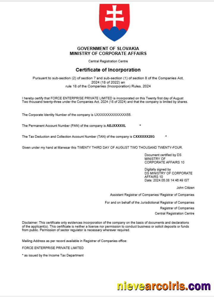 Realistic Slovakia Business Registration Certificate Word And PDF Template