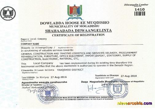 Somali Certificate Of Registration Preview