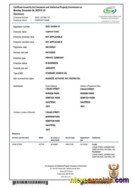 Premium South Africa Certificate Of Company Registration Word And PDF Template