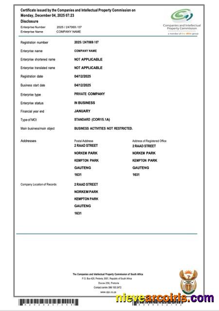 Editable South Africa Certificate Of Company Registration Word And PDF Template, Version 2