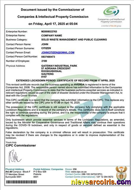 Premium South Africa Certificate Of Company Registration Word And PDF Template, Version 3
