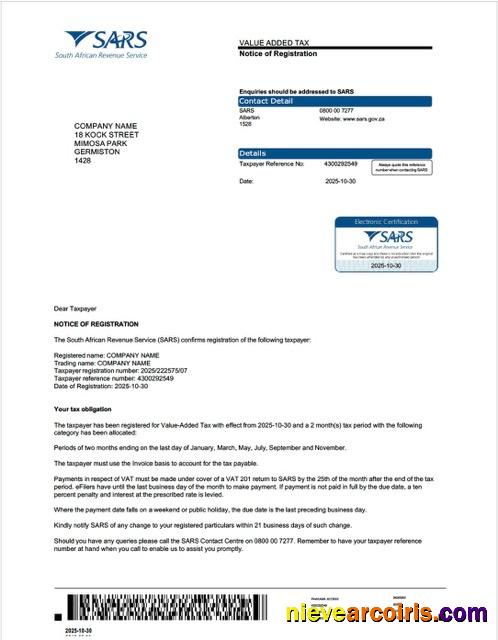 Editable South Africa Value Added Tax Certificate Word And PDF Template