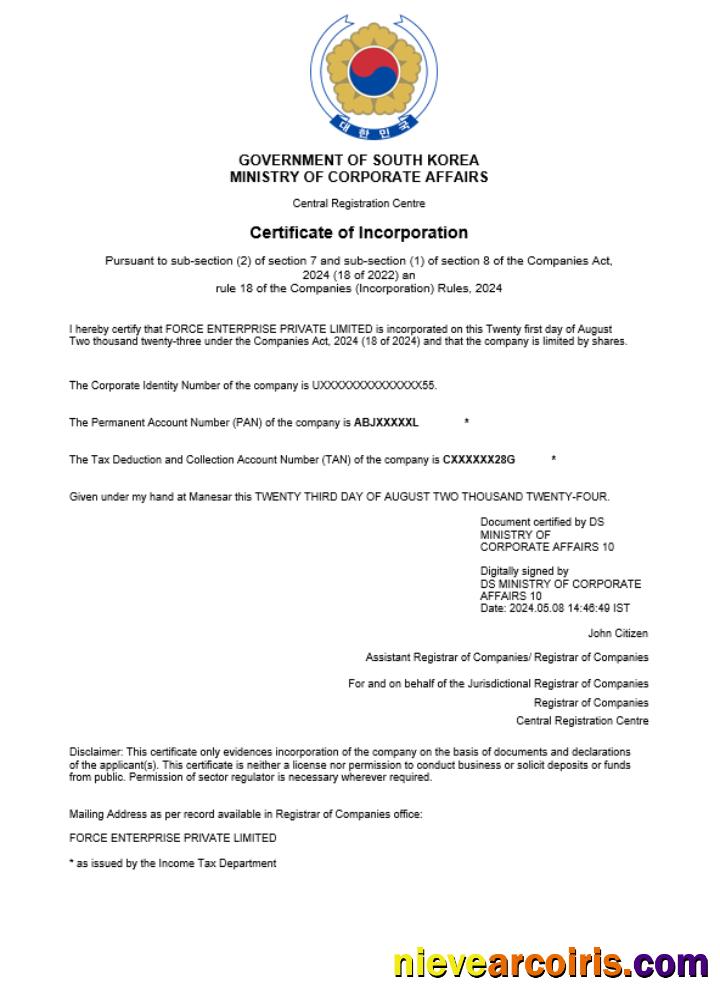 Editable South Korea Business Registration Certificate Word And PDF Template