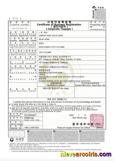 Realistic South Korea Certificate Of Business Registration Word And PDF Template