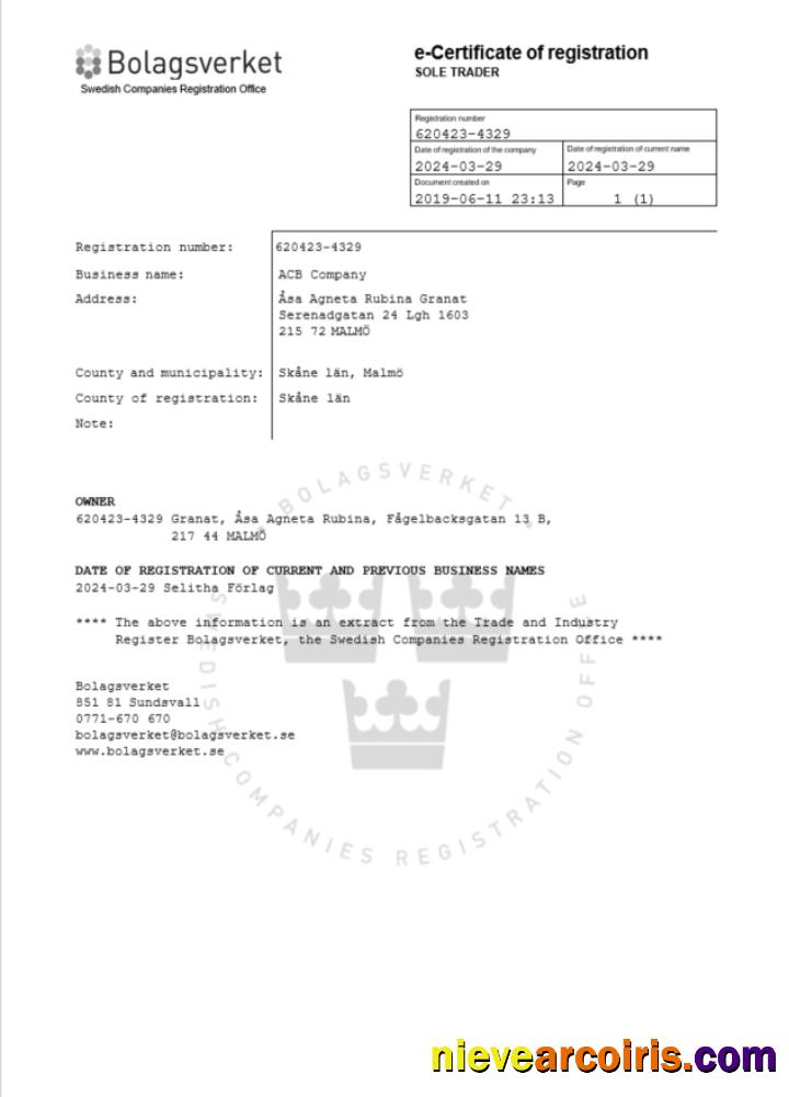 Premium Sweden Certificate Of Registration Word And PDF Template
