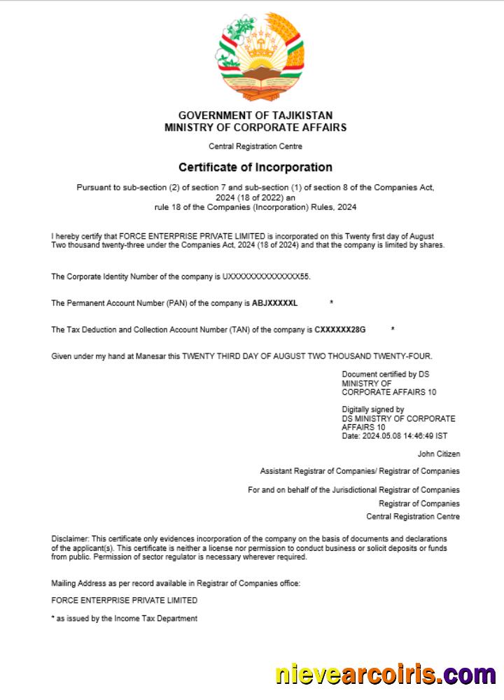 Premium Tajikistan Business Registration Certificate Word And PDF Template (1)