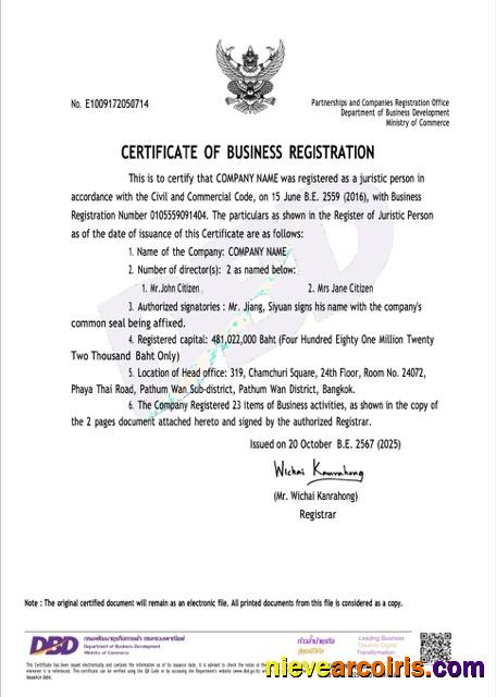 Premium Thailand Certificate Of Business Registration Word And PDF Template