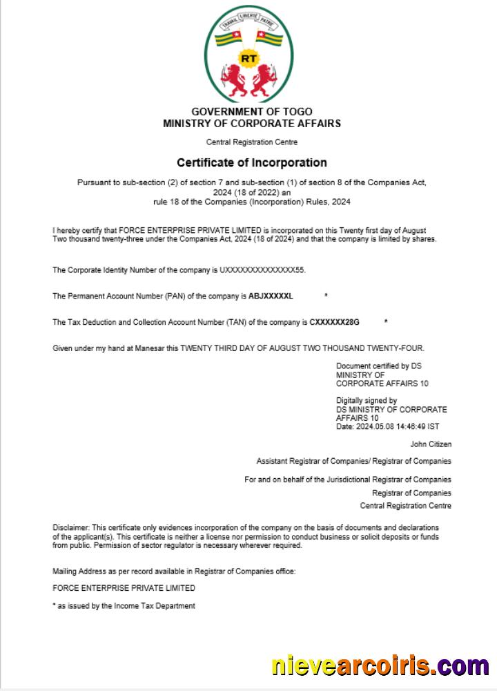 Premium Togo Business Registration Certificate Word And PDF Template