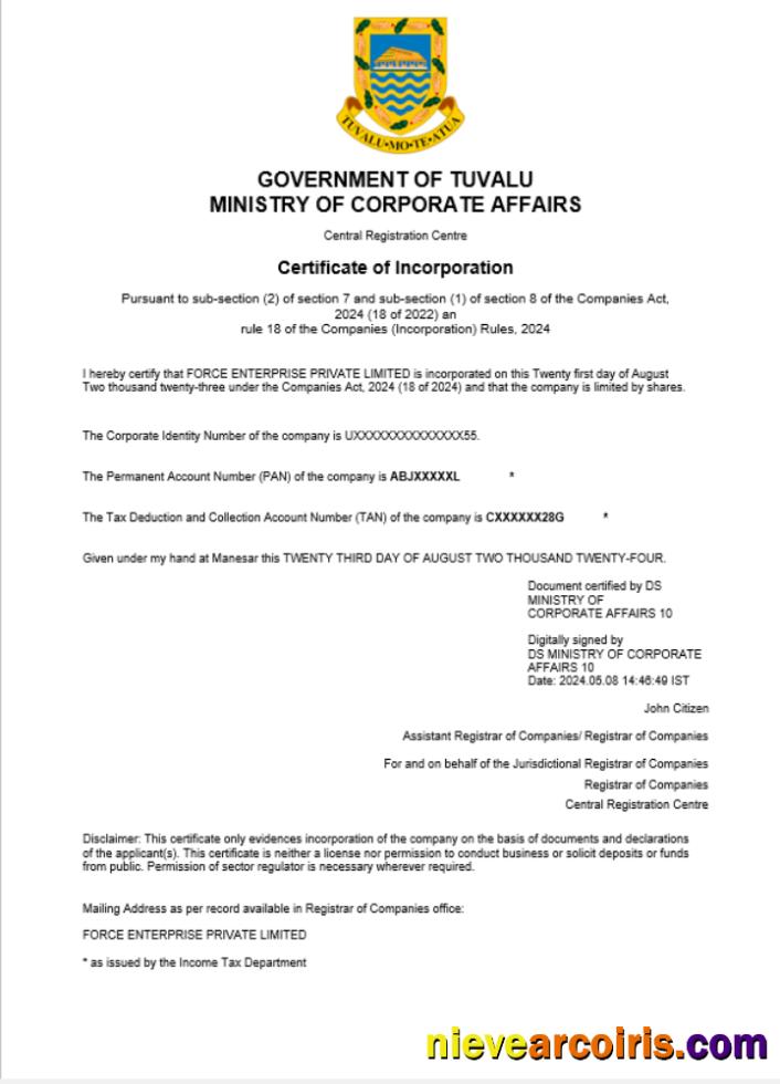 Professional Tuvalu Business Registration Certificate Word And PDF Template