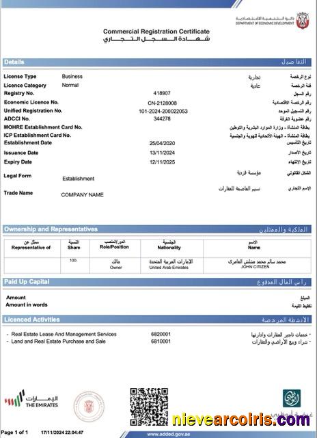 Premium UAE Abu Dhabi Commercial Registration Certificate Word And PDF Template