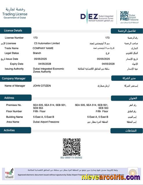 Realistic UAE Dubai Trading License Word And PDF Template