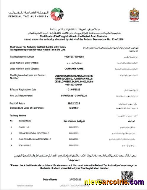 Editable UAE Certificate Of VAT Registration Word And PDF Template