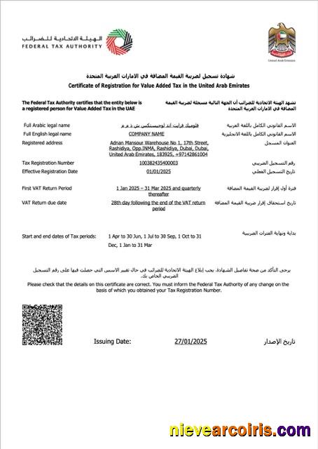 Editable UAE Certificate Of Registration For Value Added Tax Word And PDF Template, Version 2