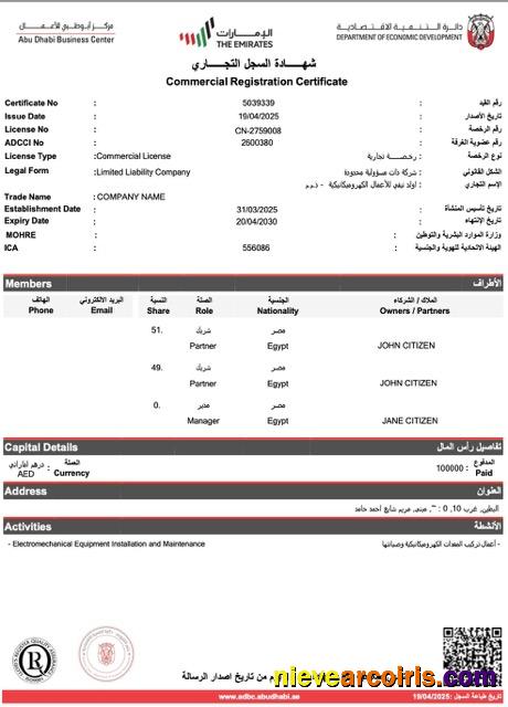 Professional UAE Commercial Registration Certificate Word And PDF Template