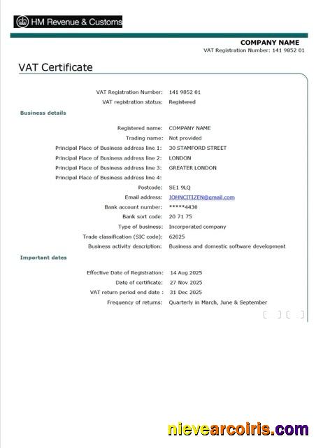 Realistic UK VAT Certificate Word And PDF Template