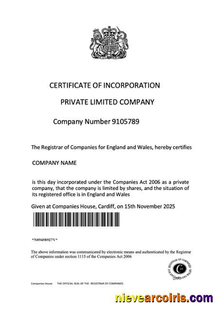 Editable UK Certificate Of Incorporation Of A Private Limited Company Word And PDF Template, Version 2