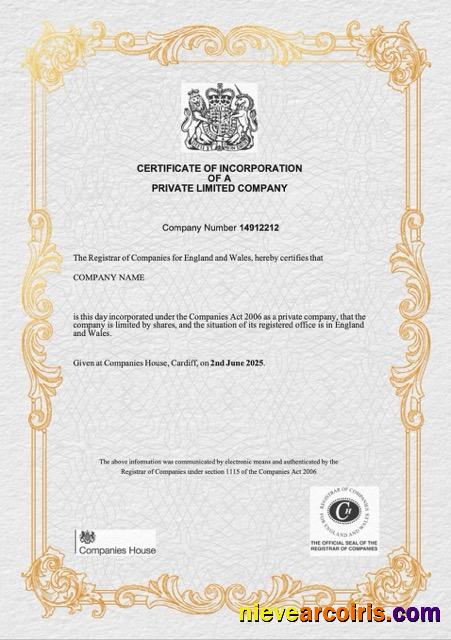Realistic UK Certificate Of Incorporation Of A Private Limited Company Word And PDF Template, Version 3