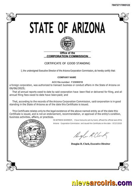 Editable USA Arizona Certificate Of Good Standing Word And PDF Template, Version 2