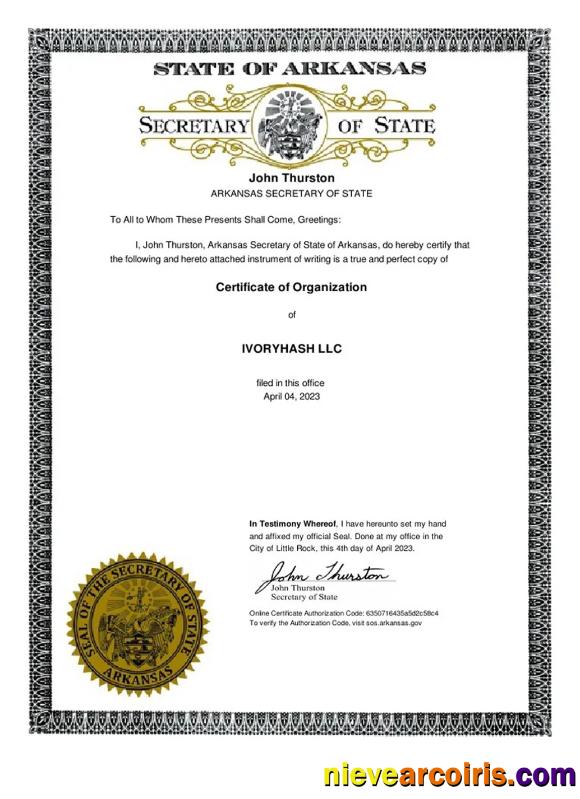 USA Arkanas Company Certificate Of Organization Sample