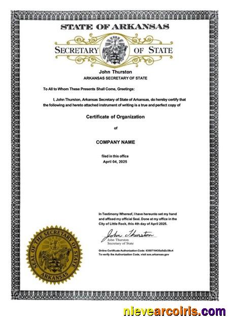 Professional USA Arkansas Certificate Of Organization Word And PDF Template