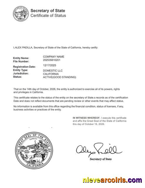 Premium USA California Certificate Of Good Standing Word And PDF Template, Version 2